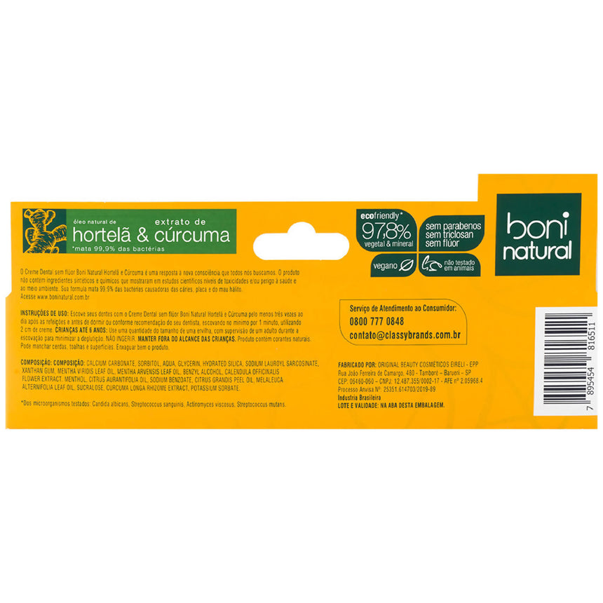 Creme Dental com Óleo Natural de Hortelã & Extrato de Cúrcuma 90g - Boni Natural