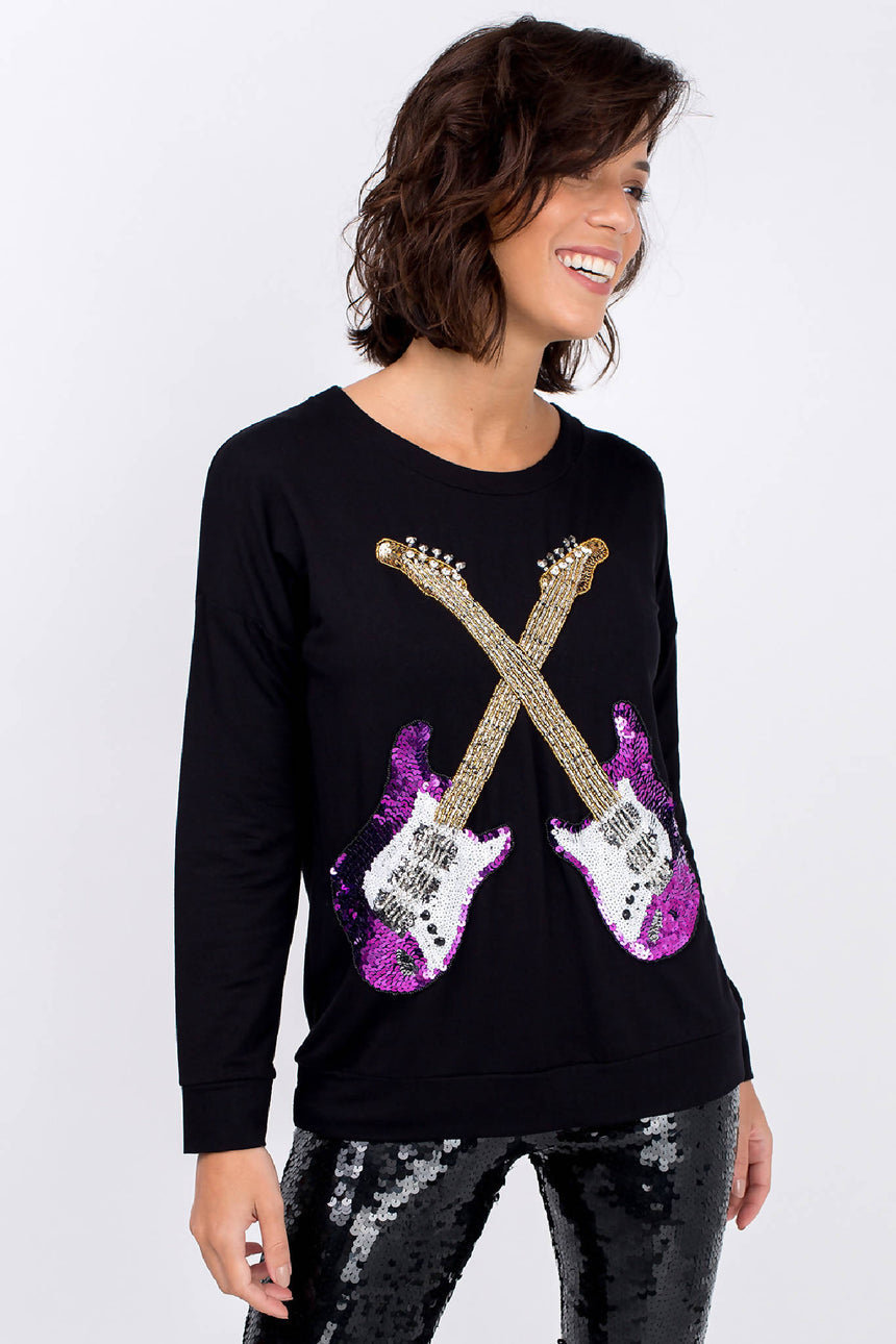 BLUSA MANGA LONGA BORDADA GUITARRA - PRETO