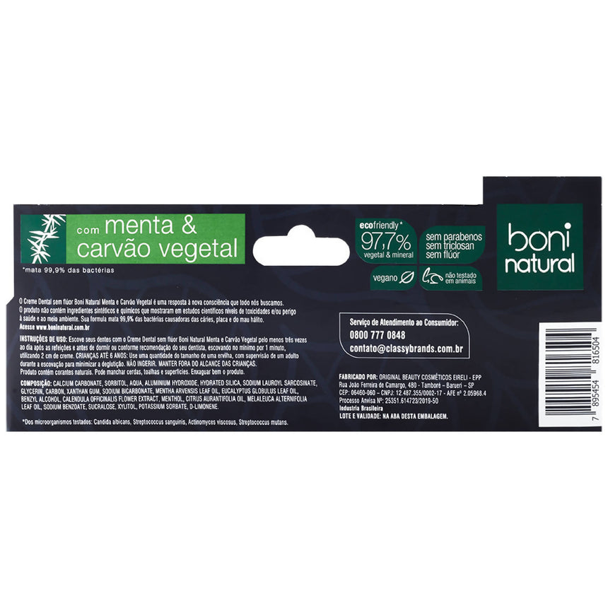 Creme Dental Branqueador Menta & Carvão Vegetal 90g - Boni Natural